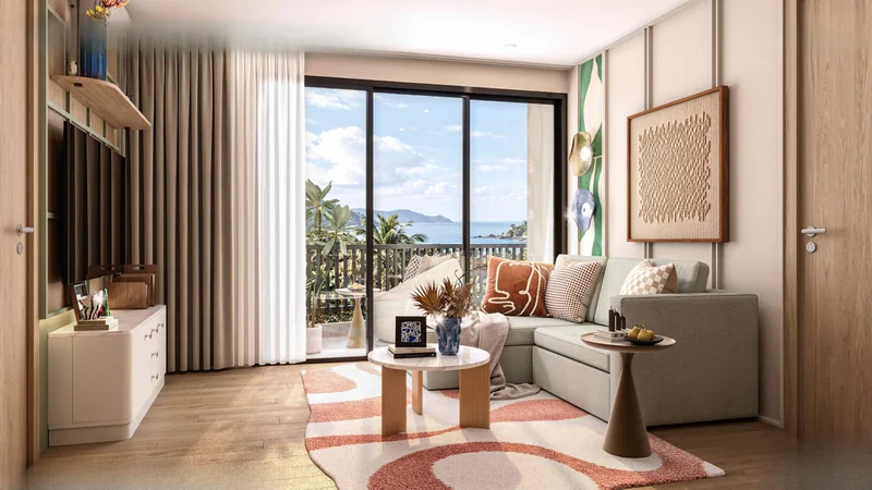 2 Bedroom at The KUARTZ: living room with a balcony and sea view