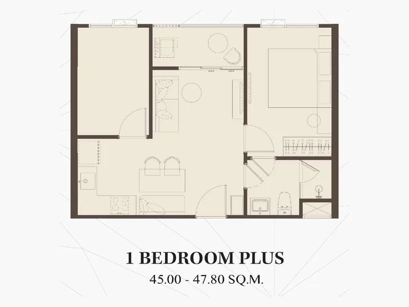 แปลน 1 Bedroom Plus ของ The KUARTZ ขนาด 45–47.8 ตร.ม.