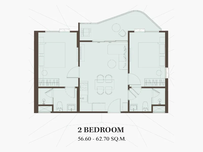 แปลน 2 Bedroom ของ The KUARTZ ขนาด 56.6–62.7 ตร.ม.