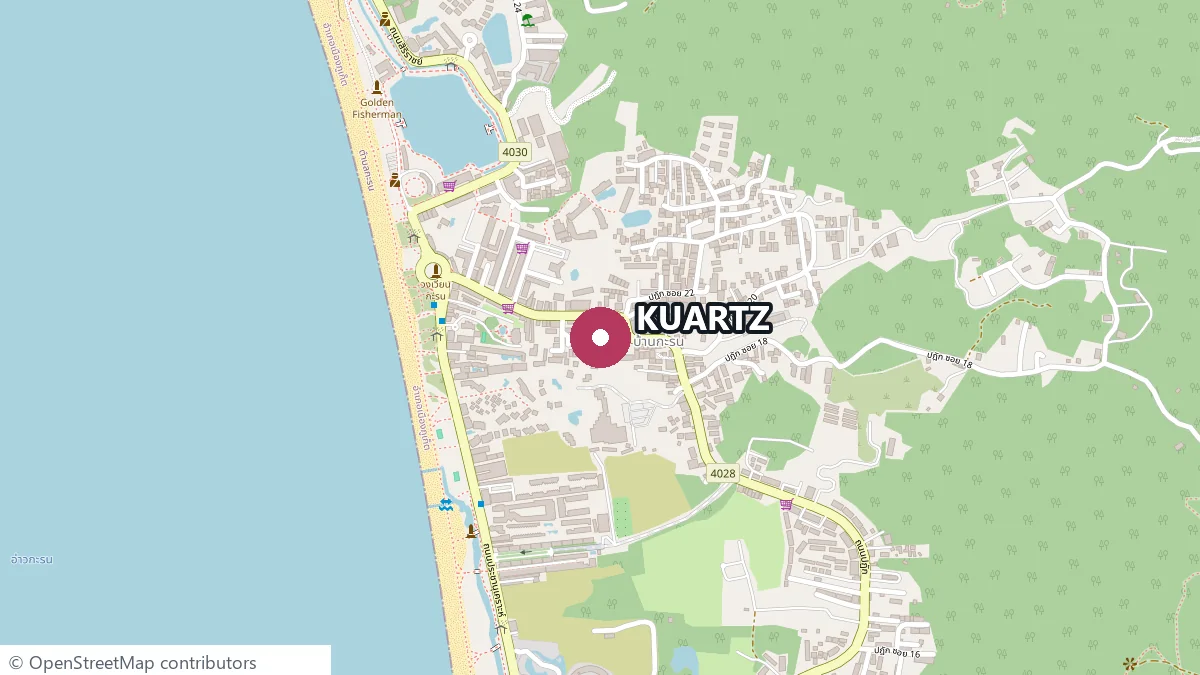 Schematic map of Karon: the sea to the west, the village behind the beach, the KUARTZ point in the village grid